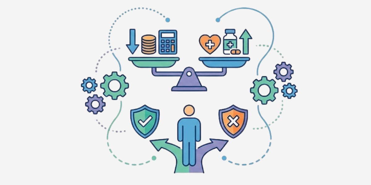 Marketplace health insurance - person balancing healthcare coverage options on a scale showing medical supplies, calculator, heart symbols, checkmark and X shields, with gears representing the decision-making process for selecting insurance plans