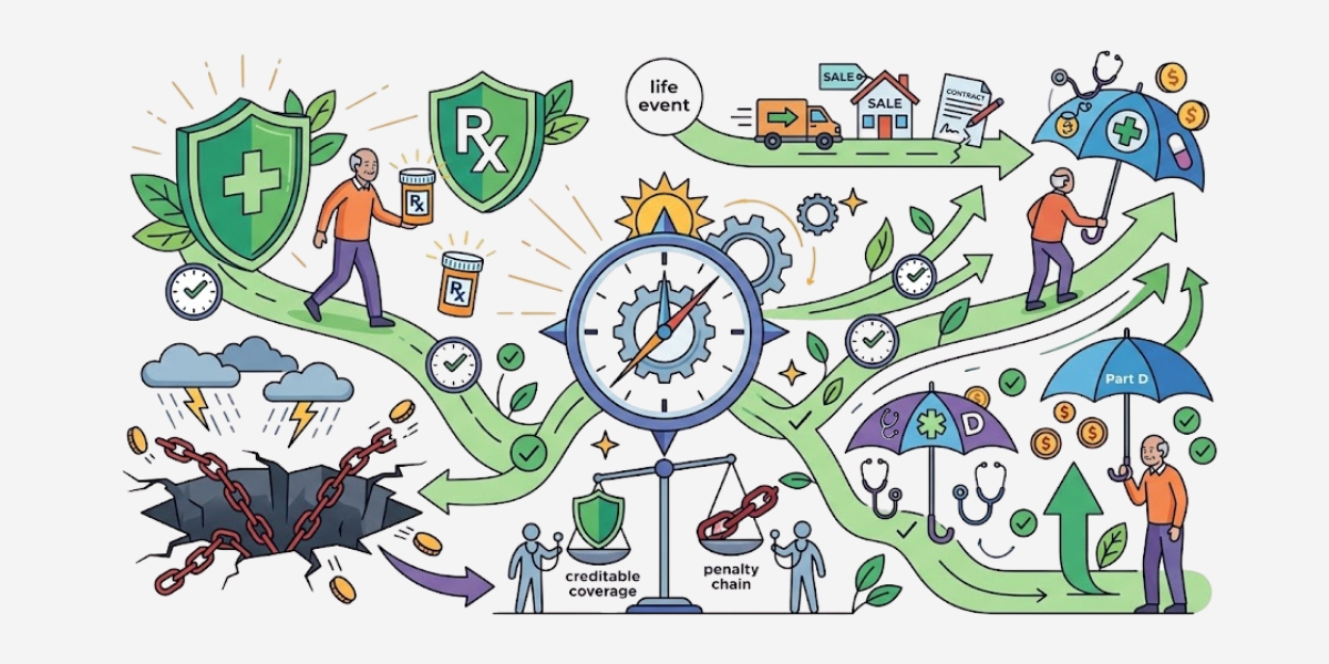 Infographic showing how can you avoid the Medicare Part D late enrollment penalty with pathway flowchart displaying life events, timing compass, prescription shields, creditable coverage options, and protected umbrella representing continuous drug coverage 